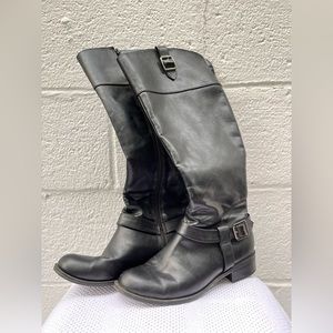 Solanz Black Leather Heeled Knee High Boots